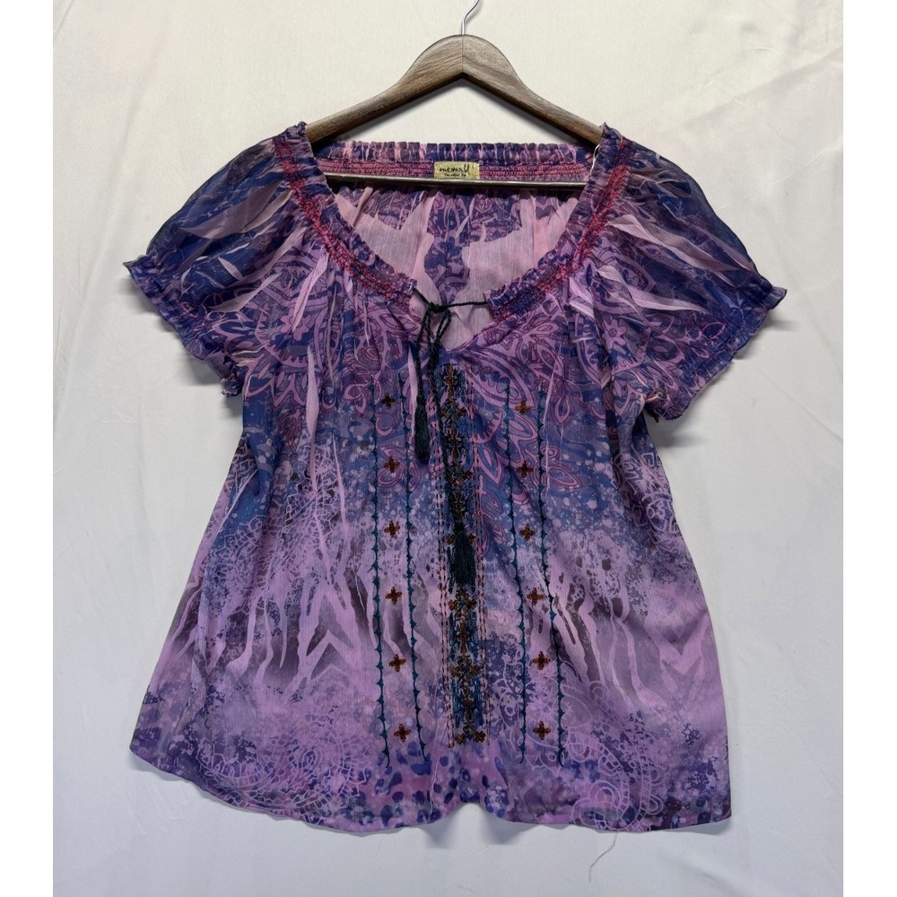 One World Blouse Top Womens Large Pink Purple Sublimation Print Tassel Tie Neck